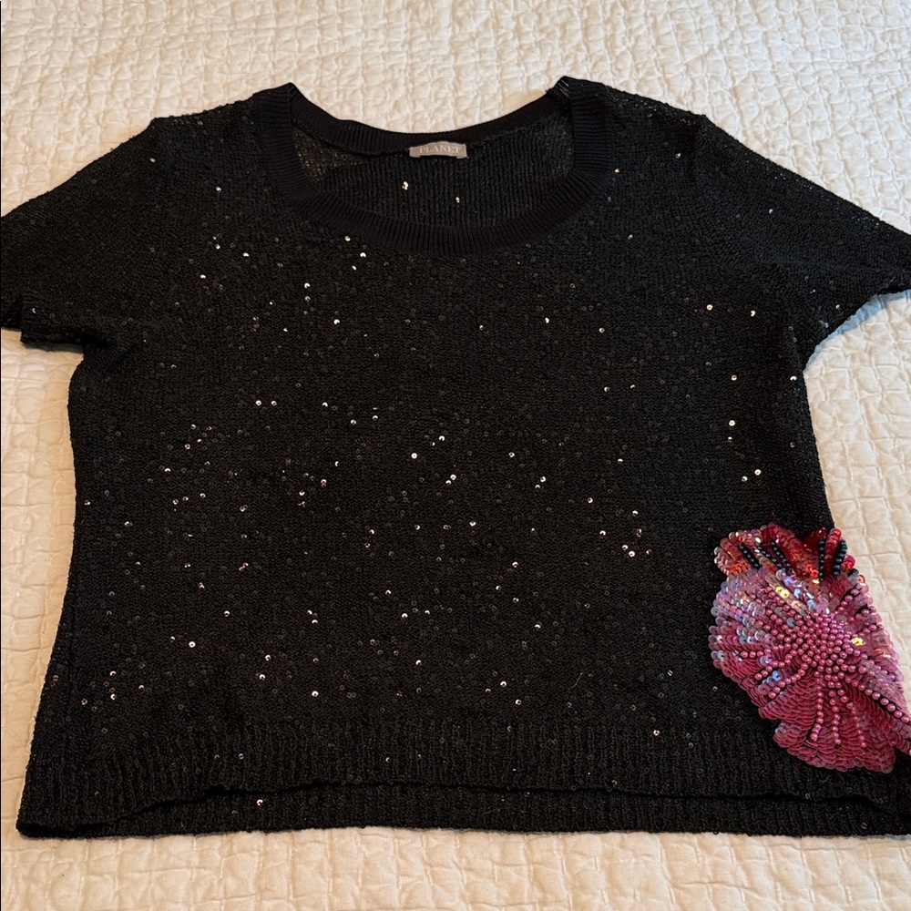 Black Sequin Short Sleeve Top